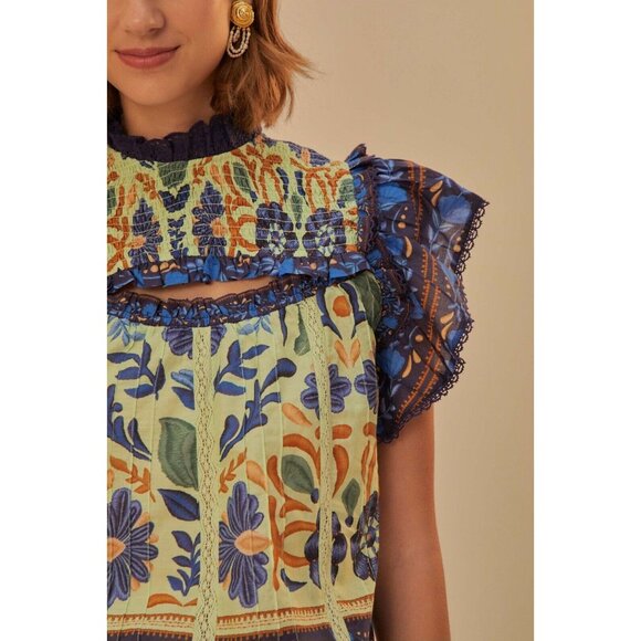 Farm Rio Ocean Tapestry Green Sleeveless Blouse XS - Picture 3 of 12